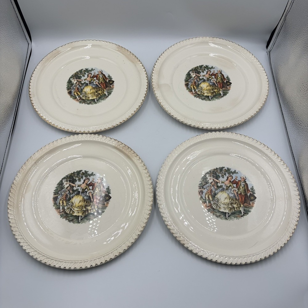 Vtg The Harker Pottery Co.(set of 4) Dinner Plates, 22kt Gold Trim, Courting USA